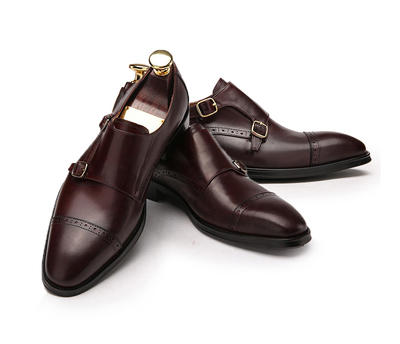 Handmade Men's Dark Maroon Double Monk Leather Shoes For Men's