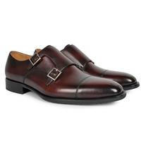 Handmade Men's Dark Maroon Double Monk Leather Shoes For Men's - Thumbnail 1
