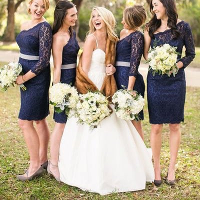 Single length navy blue lace bridesmaid dresses - Thumbnail 1