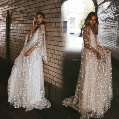 Elegant white sequined long mesh dress