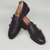 Handmade Men Black Double Monk Strap Brogue Dress Business Leather Shoes - Thumbnail 1