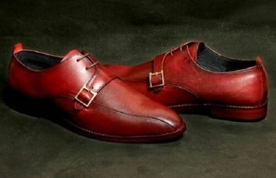 Handmade Men Red Single Monk Strap Lace Up Dress Business Leather Shoes