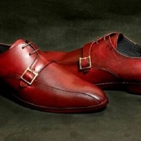 Handmade Men Red Single Monk Strap Lace Up Dress Business Leather Shoes - Thumbnail 4