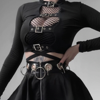 Sexy hollow out buckle design black gothic punk crop top - Thumbnail 1