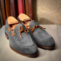 Handmade Mens Gray Suede Brown Tassels Moccasins Loafers Formal Shoes - Thumbnail 4
