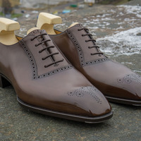 Mens Dark Brown Leather Oxfords Brogue Formal Lace Up Shoes - Thumbnail 4