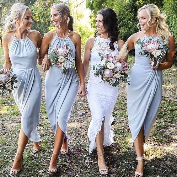 Elegant Sheath Halter Light Blue Tea Length Bridesmaid Dresses Under 100
