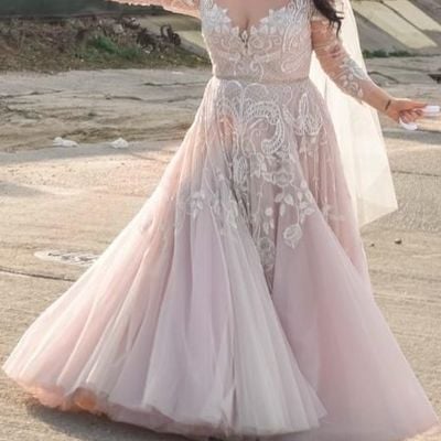 Blush plus size wedding dress,modest long sleeve lace wedding dress,517