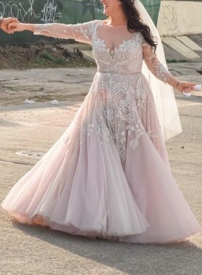 Blush Plus Size Wedding Dress,Modest Long Sleeve lace Wedding Dress,517