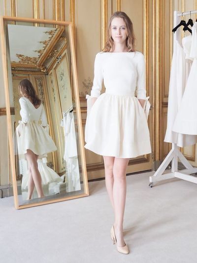 Short Wedding Dress,3/4 Sleeve Wedding Dress, Long Sleeve Short Engagement Dress,520