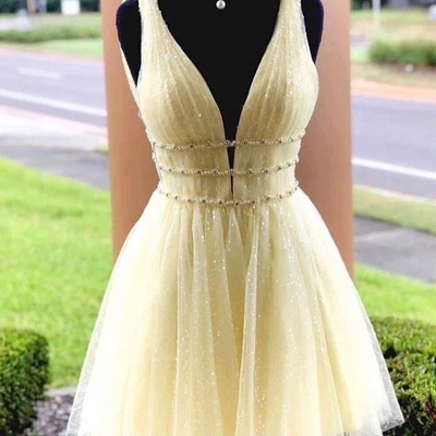 Deep v-neck light yellow tulle country prom dresses a-line beaded waist short semi formal dresses for special occasion girls party dresses,522