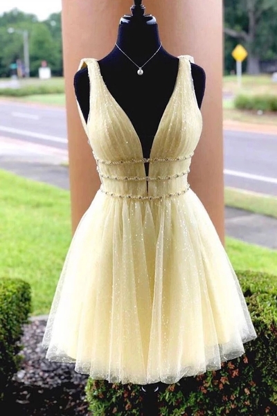Deep V-neck Light Yellow Tulle Country Prom Dresses A-Line Beaded Waist Short Semi Formal Dresses for Special Occasion Girls Party Dresses,522
