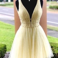 Deep V-neck Light Yellow Tulle Country Prom Dresses A-Line Beaded Waist Short Semi Formal Dresses for Special Occasion Girls Party Dresses,522 - Thumbnail 1