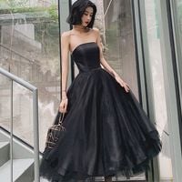 Cute & Sweet A Line Strapless Black Satin Tulle Tea Length With Pockets - Thumbnail 1