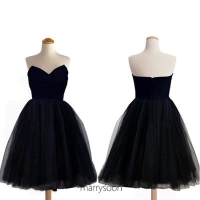 Dark navy sweetheart neck short tulle and satin bridesmaid dresses, prom dress,523