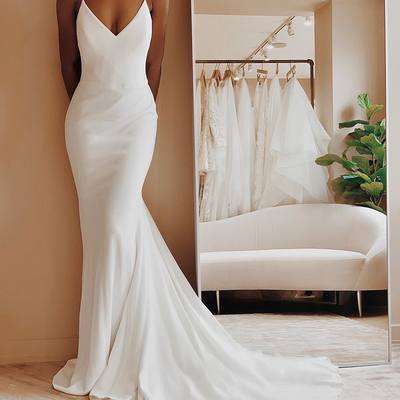 Sexy backless wedding dress,satin prom dresses,white wedding dresses,525