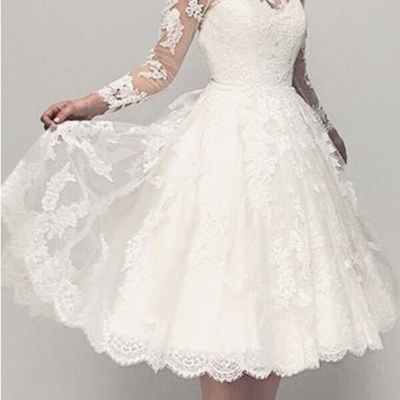Tea length long sleeve lace wedding dress,informal modest short wedding dress,528