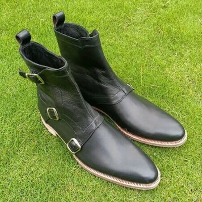 New handmade black leather three monk strap ankle boot for men's - Thumbnail 2