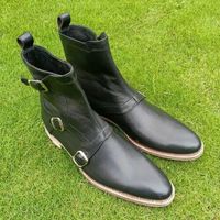 New Handmade Black Leather Three Monk Strap Ankle Boot for Men's - Thumbnail 3