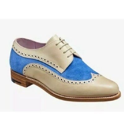Pure handmade hash off white leather & blue suede lace up shoes for men's - Thumbnail 2