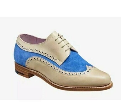 Pure Handmade Hash Off White Leather & Blue Suede Lace up Shoes for Men's