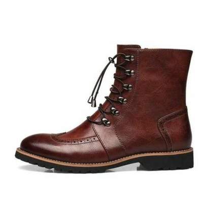 Handmade customised men's ankle high brown leather wing tip boots in all sizes - Thumbnail 2