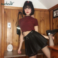 PU Leather Black Pleated Skirt - Thumbnail 1