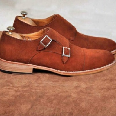 Handmade men's genuine camel suede double monk strap toe cap dress shoes - Thumbnail 1