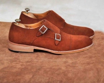 Handmade Men's Genuine Camel Suede Double Monk Strap Toe Cap Dress Shoes