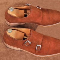 Handmade Men's Genuine Camel Suede Double Monk Strap Toe Cap Dress Shoes - Thumbnail 4