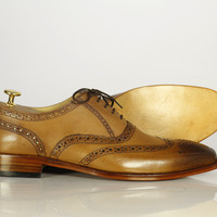 Bespoke Brown Wing Tip Shoes, Men's Dress Formal Luxury Leather Shoes - Thumbnail 1