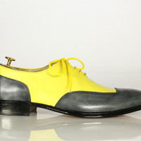 Bespoke Yellow Gray Square Toe Shoes, Men's Dress Formal Luxury Leather Shoes - Thumbnail 3