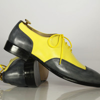 Bespoke Yellow Gray Square Toe Shoes, Men's Dress Formal Luxury Leather Shoes - Thumbnail 1