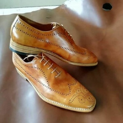 Handmade men burnished beige wing tip brogue lace up dress business leather shoe - Thumbnail 2