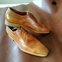 Handmade Men Burnished Beige Wing Tip Brogue Lace Up Dress Business Leather Shoe - Thumbnail 4