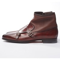 Handmade Mens Double Monk Side Zip Ankle Boots Brown Dress Boots for Men - Thumbnail 2