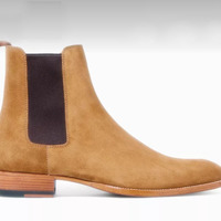 Hand Crafted Ankle Tan Beige Chelsea Suede Boots, Dress Formal Boots - Thumbnail 1
