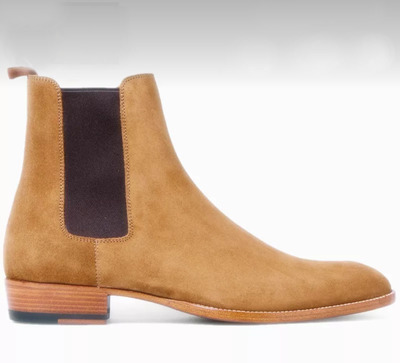 Hand Crafted Ankle Tan Beige Chelsea Suede Boots, Dress Formal Boots