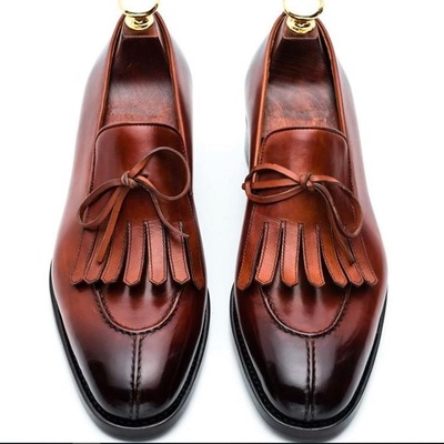 Bespoke brown split toe buckle leather fringe loafers for men's - Thumbnail 3