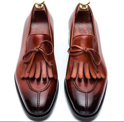 Bespoke Brown Split toe Buckle Leather Fringe Loafers for Men's