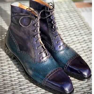 New handmade men's blue ankle high dress formal boots - Thumbnail 2