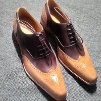 Men,s Two Tone Wing Tip Leather Casual Shoes For Men,s - Thumbnail 1