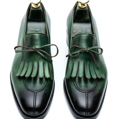 New handmade green split toe buckle leather fringe loafers for men's - Thumbnail 2