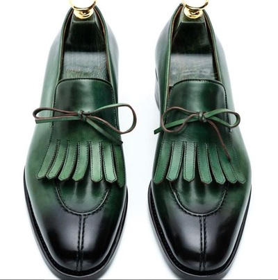 New Handmade Green Split toe Buckle Leather Fringe Loafers for Men's