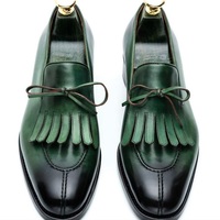 New Handmade Green Split toe Buckle Leather Fringe Loafers for Men's - Thumbnail 1