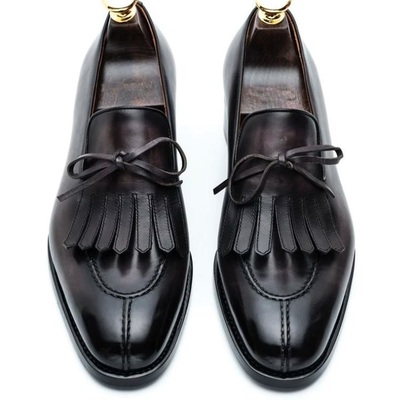 New handmade black split toe buckle leather fringe loafers for men's - Thumbnail 2