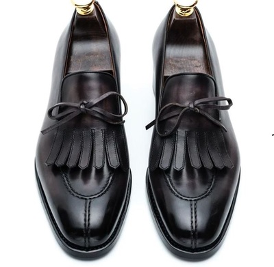 New Handmade Black Split toe Buckle Leather Fringe Loafers for Men's