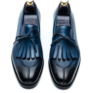 New Handmade Blue Split toe Buckle Leather Fringe Loafers for Men's