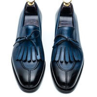 New Handmade Blue Split toe Buckle Leather Fringe Loafers for Men's - Thumbnail 1