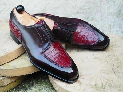 Handmade Bespoke Derby Lace Up Crocodile Texture Leather Round Toe Dress Shoes